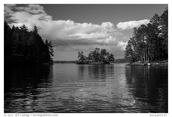 Islet and reflections, Sand Point Lake. Voyageurs National Park (black and white)