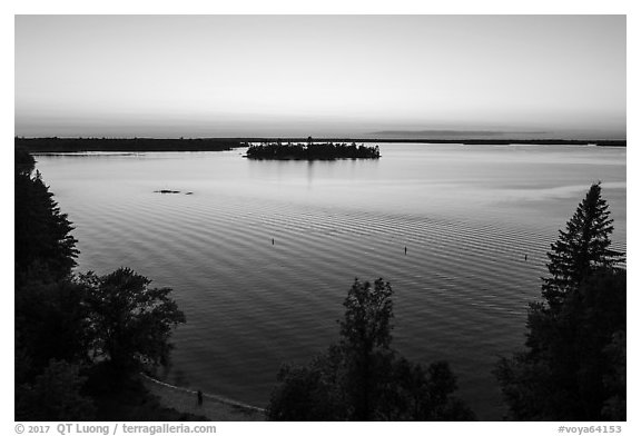 Aerial view of Woodenfrog shore at sunset, Kabetogama Lake. Voyageurs National Park (black and white)