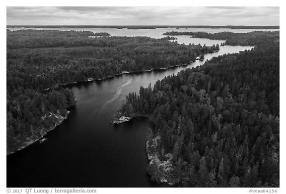 Aerial view of Kettle Channel, Rainy Lake. Voyageurs National Park (black and white)