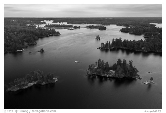 Aerial view of American Channel, Rainy Lake. Voyageurs National Park (black and white)