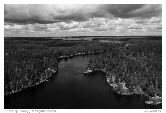 Aerial view of American Channel, Rainy Lake. Voyageurs National Park (black and white)