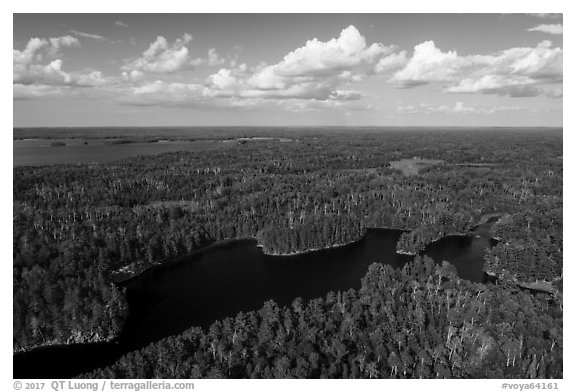 Aerial view of Namakan Narrows and Sand Point Lake. Voyageurs National Park (black and white)