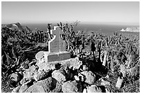 Monument commemorating Juan Rodriguez Cabrillo's landing on  island in 1542, San Miguel Island. Channel Islands National Park, California, USA. (black and white)