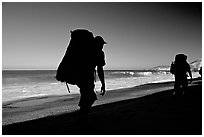 Backpackers on beach, Cuyler harbor, San Miguel Island. Channel Islands National Park ( black and white)