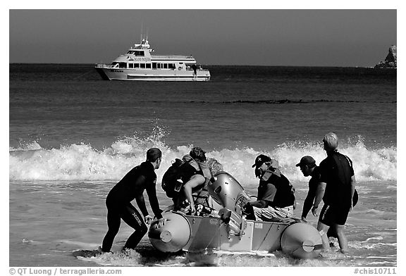 Skiff readied for crossing  surf, Cuyler harbor, San Miguel Island. Channel Islands National Park, California, USA.