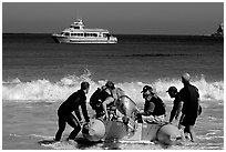 Skiff readied for crossing  surf, Cuyler harbor, San Miguel Island. Channel Islands National Park ( black and white)