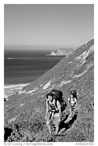 Backpackers in Nidever canyon , San Miguel Island. Channel Islands National Park, California, USA.