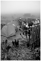 Campers in fog, San Miguel Island. Channel Islands National Park, California, USA. (black and white)