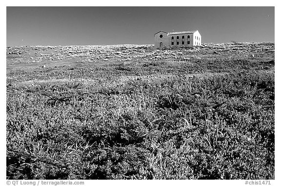 Water storage building with church-like facade, Anacapa. Channel Islands National Park (black and white)