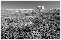Water storage building with church-like facade, Anacapa. Channel Islands National Park, California, USA. (black and white)