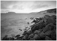 Boulders and coastline,  Cuyler Harbor, sunset, San Miguel Island. Channel Islands National Park ( black and white)