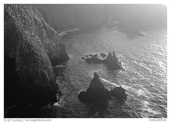 Cliffs and pointed rocks, Cathedral Cove, late afternoon, Anacapa Island. Channel Islands National Park (black and white)