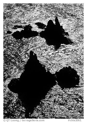 Backlit rocks and water, Cathedral Cove, Anacapa, late afternoon. Channel Islands National Park (black and white)