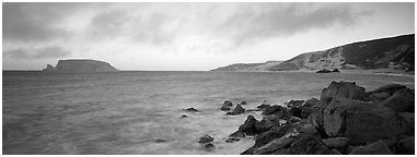 Marine landscape at sunset, San Miguel Island. Channel Islands National Park (Panoramic black and white)