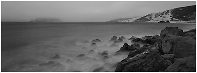 Coastal seascape at dusk, San Miguel Island. Channel Islands National Park (Panoramic black and white)