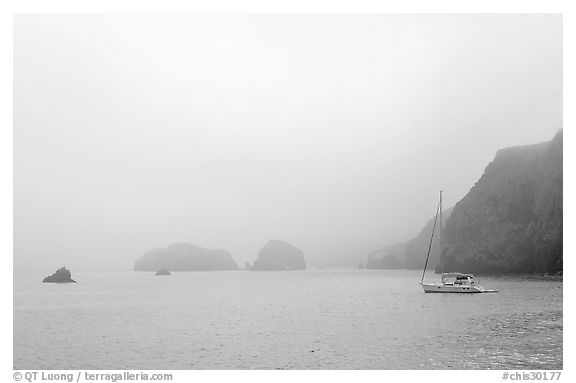 Yacht moored in Scorpion Anchorage in  fog, Santa Cruz Island. Channel Islands National Park, California, USA.