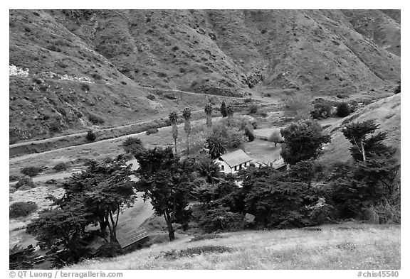 Scorpion Ranch in Scorpion Canyon, Santa Cruz Island. Channel Islands National Park (black and white)