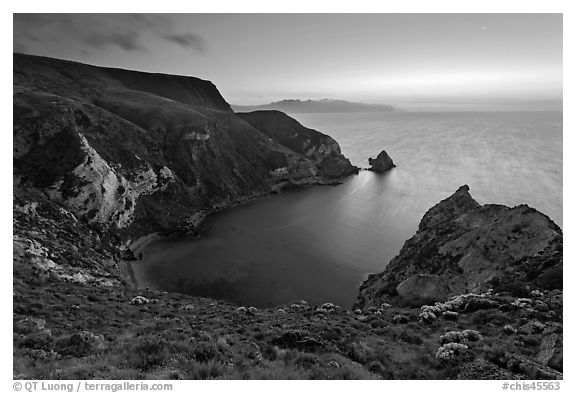 Twilight, Potato Harbor, Santa Cruz Island. Channel Islands National Park (black and white)
