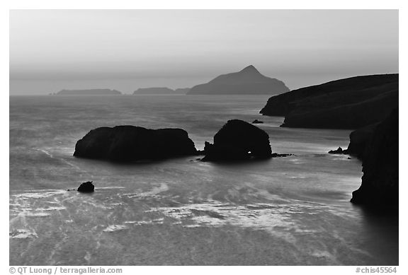 Rocks and Anacapa Islands a dawn, Santa Cruz Island. Channel Islands National Park, California, USA.