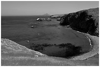 Aquamarine waters and kelp in bay, Scorpion Anchorage, Santa Cruz Island. Channel Islands National Park, California, USA. (black and white)