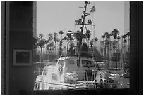 National Park Service boat, visitor center window reflexion. Channel Islands National Park ( black and white)
