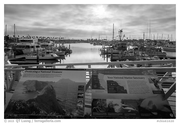 Ventura Harbor interpretive sign. Channel Islands National Park (black and white)