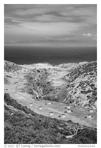 Water Canyon campground from above, Santa Rosa Island. Channel Islands National Park (black and white)