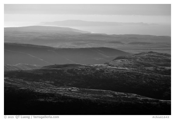 View westward with San Miguel Island, Santa Rosa Island. Channel Islands National Park (black and white)