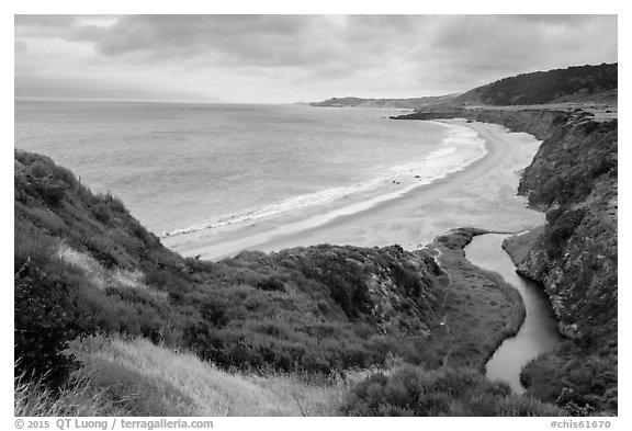 Water Canyon Beach and stream from above, Santa Rosa Island. Channel Islands National Park (black and white)