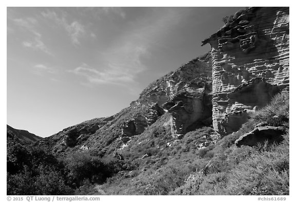 Sandstone cliffs bordering Lobo Canyon, Santa Rosa Island. Channel Islands National Park (black and white)