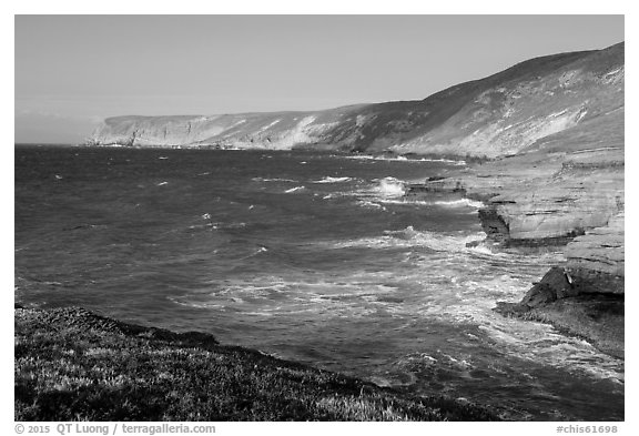 Sandstone sea cliffs near the mouth of Lobo Canyon, Santa Rosa Island. Channel Islands National Park (black and white)