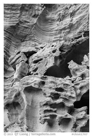 Intricate sandstone cliffs, Lobo Canyon, Santa Rosa Island. Channel Islands National Park (black and white)