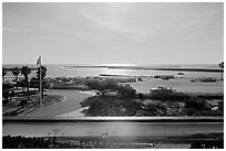 Distant view of the islands from harbor interpretive sign, visitor center. Channel Islands National Park ( black and white)