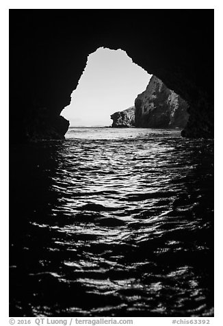 Sea cliffs seen via sea cave entrance, Santa Cruz Island. Channel Islands National Park (black and white)