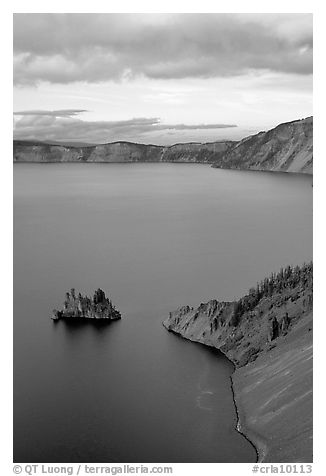 Phantom Ship and Chaski Bay at sunset. Crater Lake National Park (black and white)