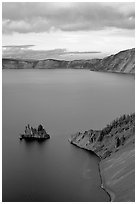 Phantom Ship and Chaski Bay at sunset. Crater Lake National Park, Oregon, USA. (black and white)