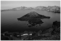 Wizard Island and Lake at dusk. Crater Lake National Park, Oregon, USA. (black and white)