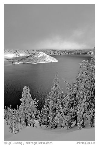 Lake and Wizard Island, winter sunrise. Crater Lake National Park (black and white)