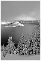 Lake and Wizard Island, winter sunrise. Crater Lake National Park, Oregon, USA. (black and white)