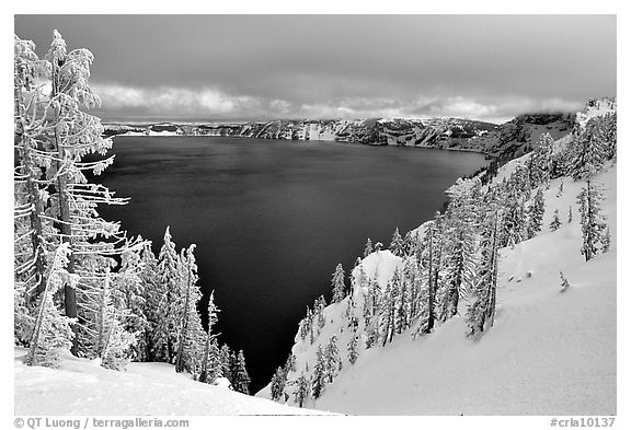 Trees and lake in winter with clouds and dark waters. Crater Lake National Park, Oregon, USA.