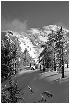 Cabin in winter with trees and mountain. Crater Lake National Park, Oregon, USA. (black and white)