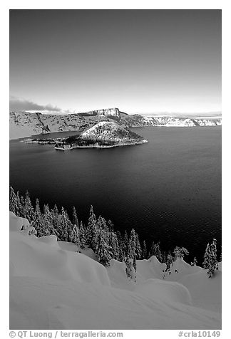 Wizard Island and lake in winter, late afternoon. Crater Lake National Park (black and white)