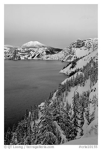 Lake, Mt Garfield, Mt Scott, winter dusk. Crater Lake National Park (black and white)