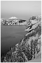 Lake, Mt Garfield, Mt Scott, winter dusk. Crater Lake National Park, Oregon, USA. (black and white)