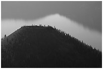 Wizard Island and shore reflection. Crater Lake National Park, Oregon, USA. (black and white)