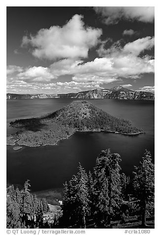 Lake and Wizard Island, afternoon. Crater Lake National Park (black and white)