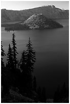 Conifer trees, Lake and Wizard Island. Crater Lake National Park, Oregon, USA. (black and white)