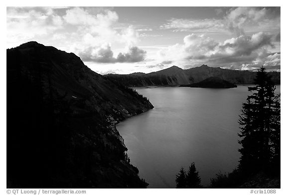 Clouds and lake from Sun Notch, sunset. Crater Lake National Park (black and white)