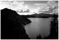 Clouds and lake from Sun Notch, sunset. Crater Lake National Park, Oregon, USA. (black and white)