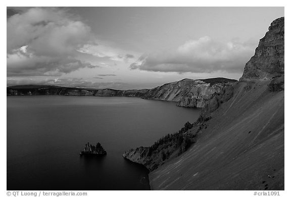 Phantom ship and lake seen from Sun Notch, sunset. Crater Lake National Park (black and white)